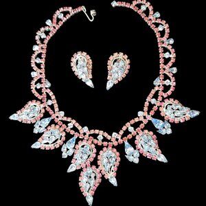 Stunning Vintage Blue & Pink Rhinestone Collar Bib Choker Necklace & Earring Set